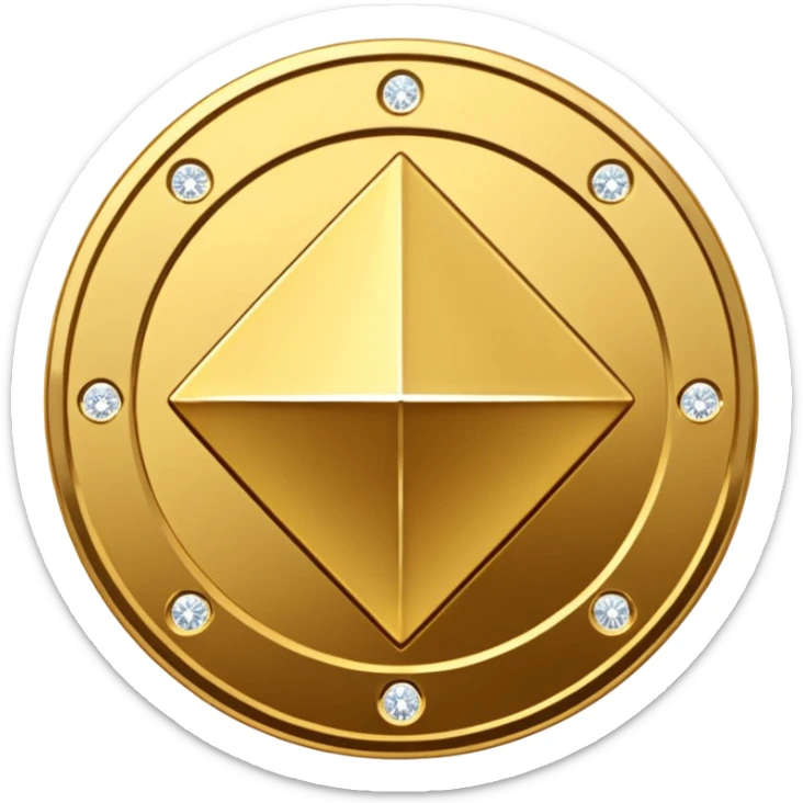 Create a high-quality 3D render of a shiny yellow/gold coin. In the center of the coin, place a diamond-shaped logo (“wajik”). Around the logo, engrave the text “Rusoconnect Network” in a circular layout. sticker