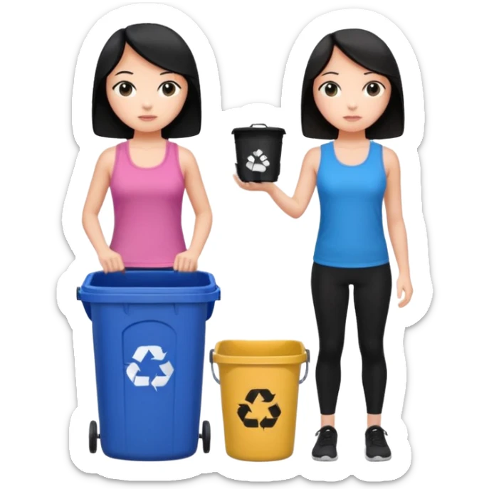 generate a genmoji of a black haired girl in a pink tank top and black leggings holding a black trash bag. Standing with her is a brunette girl in a similar blue tank top and black leggings.
Standing in front of a dustbin sticker
