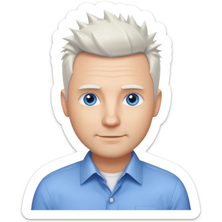 40 yr old white man short white spike hair dress shirt blue eyes smallsmile sticker