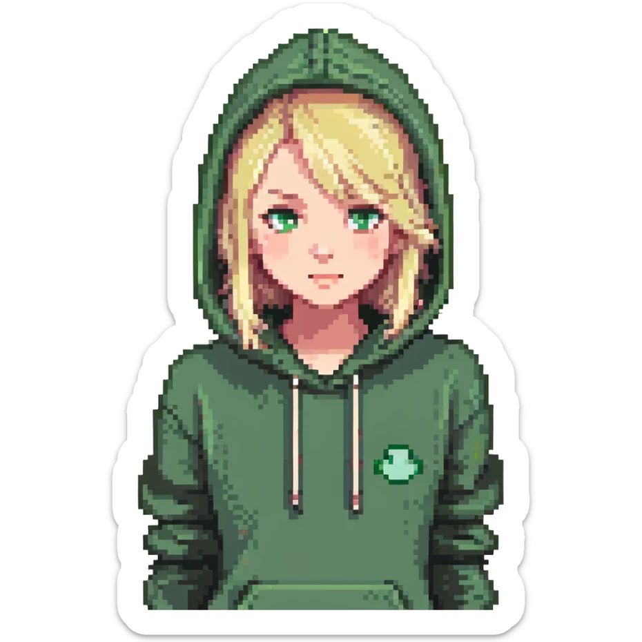 a blonde girl in a green hoodie winking sticker
