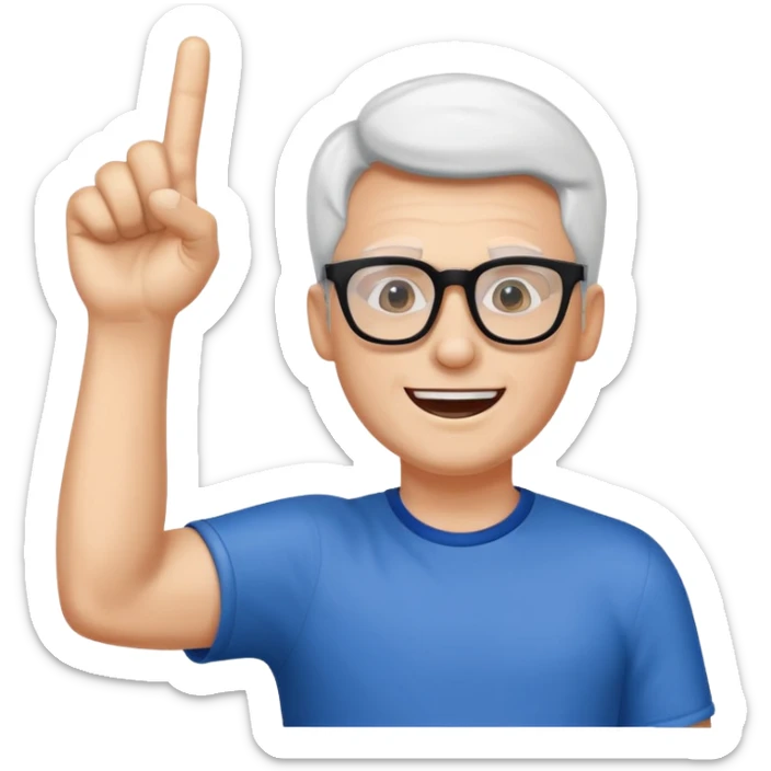 A slim man with glasses, pumping the foam finger in the air with bright enthusiasm. sticker