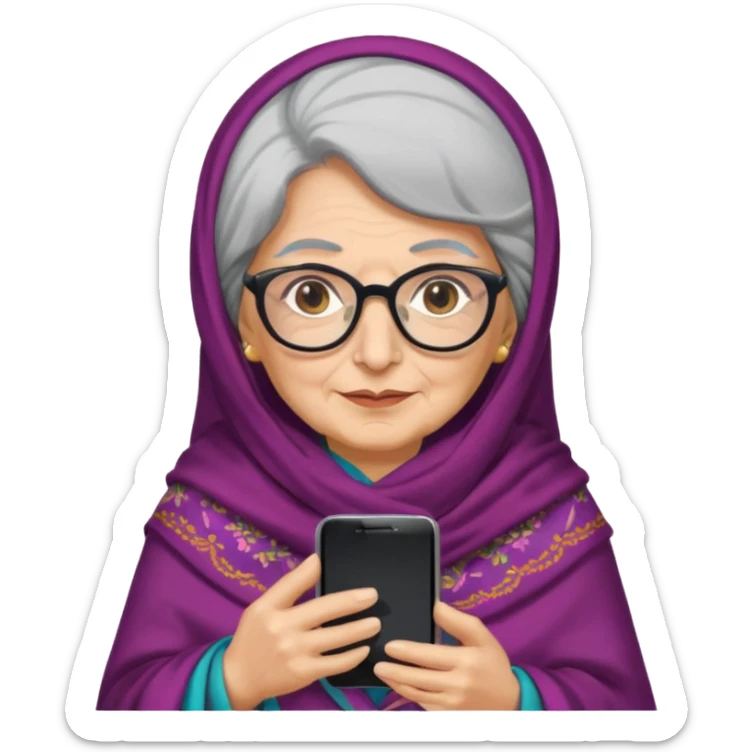 persian old woman Persian shawl with smartphone and glasses, half body sticker
