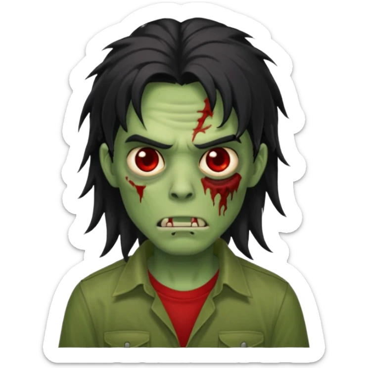 chico pelo medio largo ojos rojos y una camisa verde ,pelo negro y mas voluminoso zombie  sticker