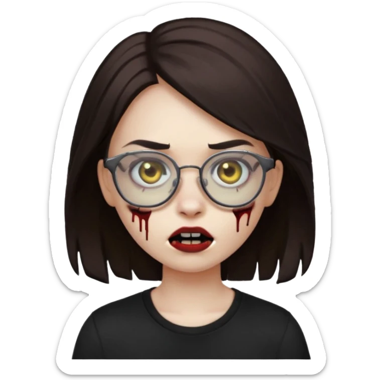 apple emoji zombie girl with dark brown emo hair and black shirt and glasses sticker