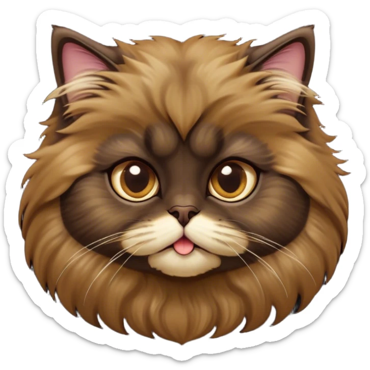 Cinematic Adorable Big-Eyed Fluffy Dark Brown Persian Cat Portrait Emoji, Head tilted playfully with a sweet expression, fluffy dark brown fur with rich caramel and gold undertones, Simplified yet irresistibly cute features with large, expressive eyes, highly detailed, glowing with a warm and gentle glow, high shine, a mix of affectionate and curious, stylized with a touch of whimsy, bright and full of charm, soft glowing outline, capturing the essence of a fluffy, loving kitty with oversized eyes, so endearing it feels like it could leap out of the screen and cuddle with you instantly! sticker