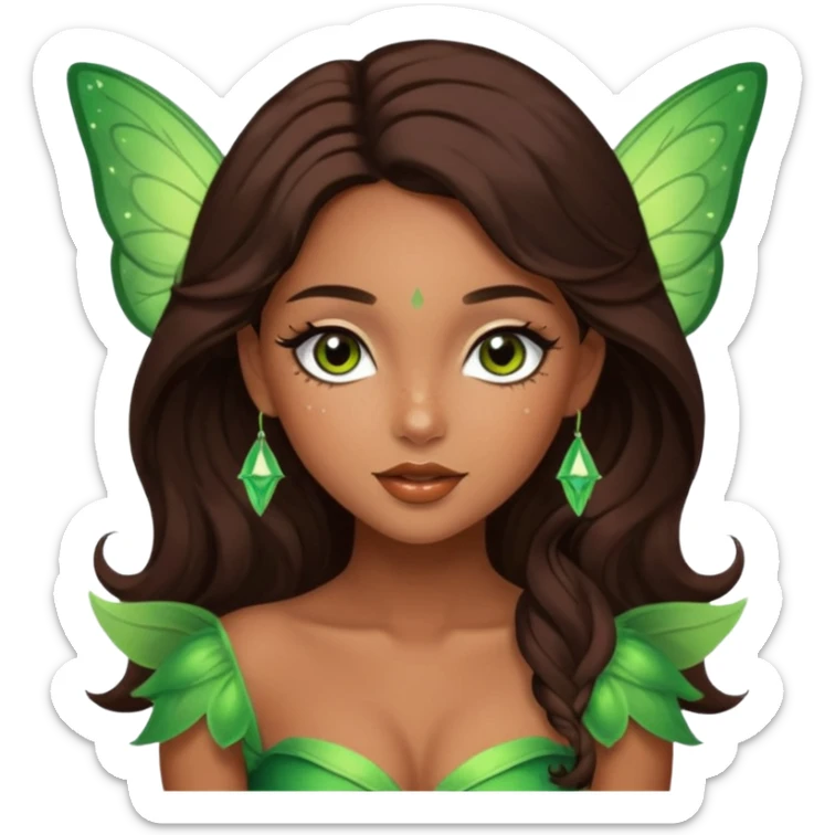 Pretty girl with caramel skin. Dark brown hair and brown eyes. She has freckles. Wearing sexy makeup. Wearing a green fairy costume and heels sticker
