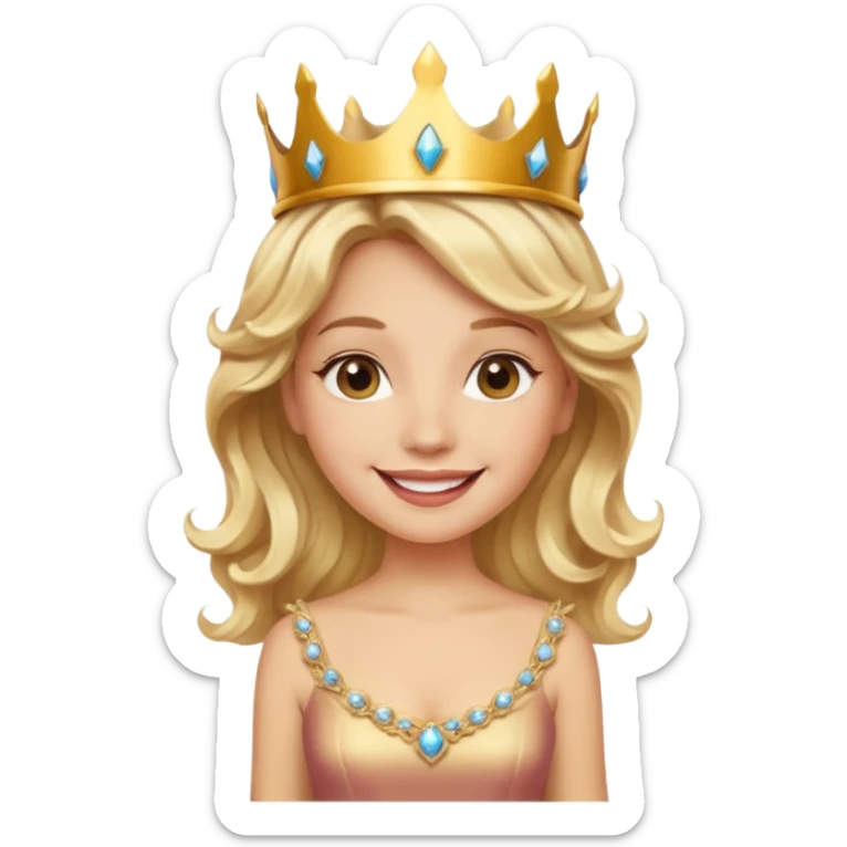 Cheerful blonde latin princess with wavy hair and light gold dress, wearing crown sticker