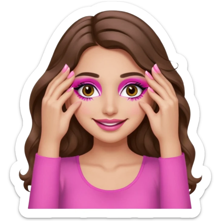 girl with long wavy brown hair, brown eyes, long lashes makeup, sexy pink lips, light to medium complexion, wearing a pink sexy top, smiling, hands covering over the eyes sticker