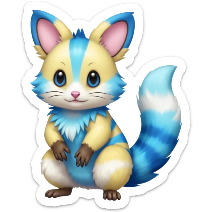 Realistic cute Neon-yellow and neon-cobalt-blue and cyan-gradients Furret-Emolga-Genet-Purrloin-hybrid-fusion (full body) sticker