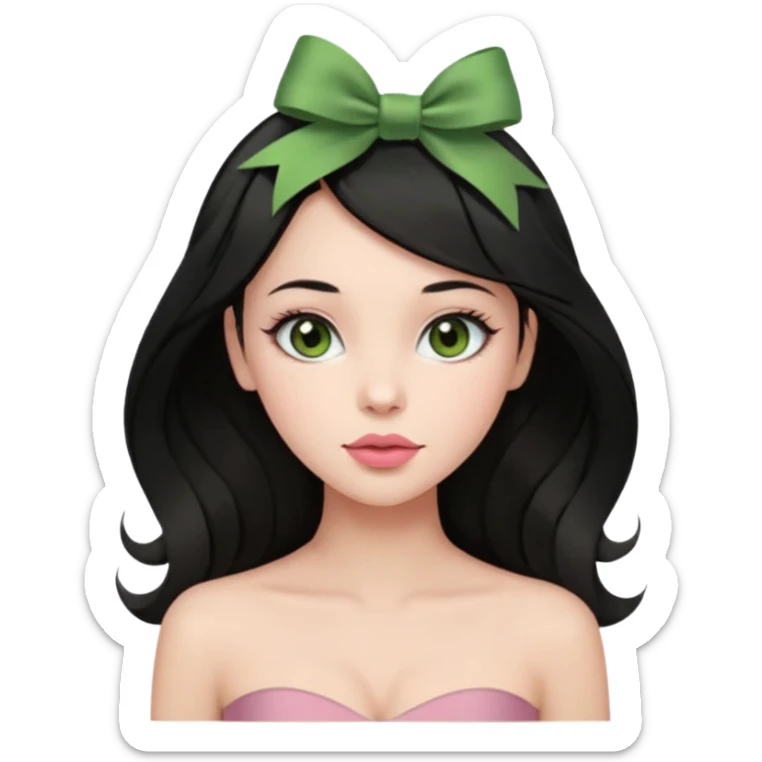The woman has long black hair with green ribbon bows, light brown eyes, fair skin, and a heart-shaped face. She wears soft makeup, a muted rose lip, and a strapless olive green top. sticker