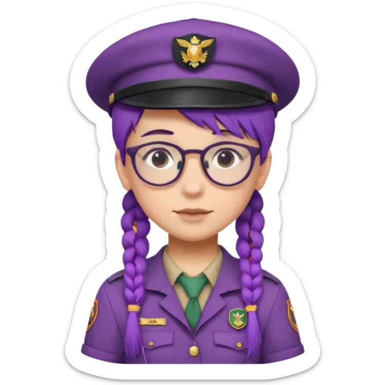 bşue uniform wearing scout kid with braids and glassess with hat purple haired sticker
