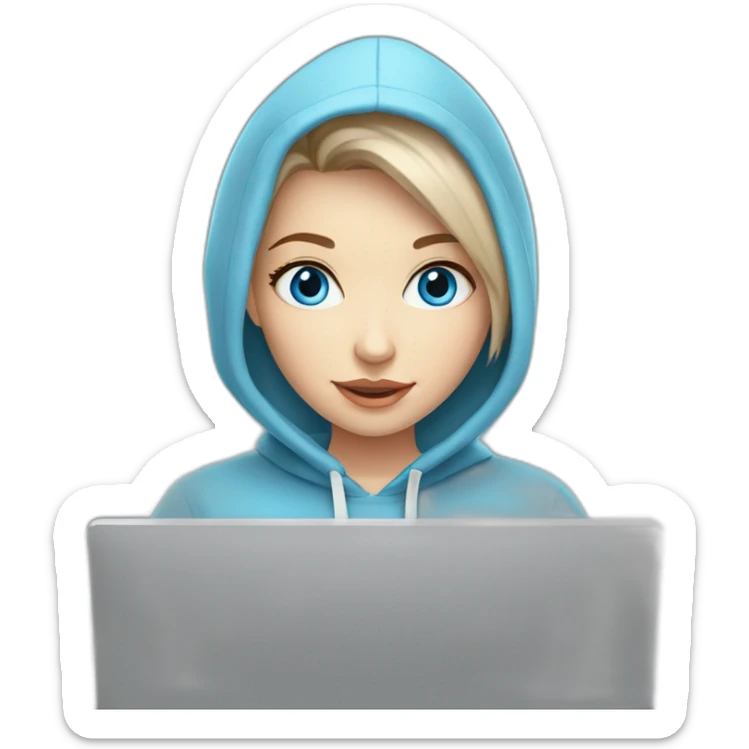 beautiful girl with computer,blue eyes,beautiful girl with short hair with computer,blue eyes,white skin, makeup, hoodie,short light-brown hair,code in background sticker