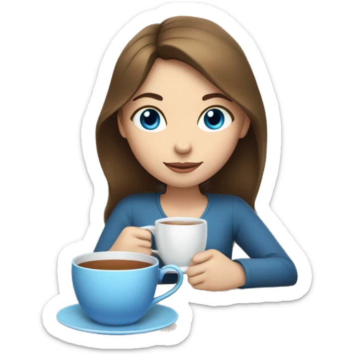 Girl with white skin, brown hair, and blue eyes sipping tea sticker