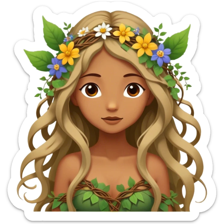 Cinematic Realistic Forest Nymph Fairy Portrait, depicted with lifelike, sun-kissed tanned skin that radiates an earthy glow, softly illuminated by natural, dappled light. Her long, flowing hair is intricately detailed and interwoven with delicate vines and wildflowers, while her deep, soulful eyes mirror the wisdom of the forest. Dressed in an attire inspired by nature’s palette—with subtle botanical motifs—the portrait exudes a soft, enchanted glow that melds realism with woodland magic. sticker