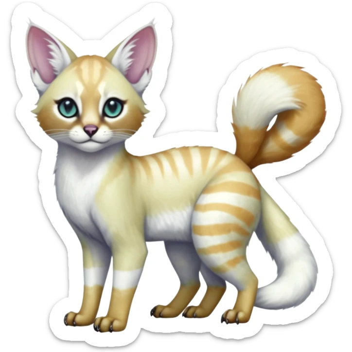 Colorful tropical pearly-albino-white iridescent glorious divine exotic cute cool beautiful shiny beautiful fantasy-caracal-civet-genet-sergal-vernid-Cacomistle-oncilla-animal-Fakémon-hybrid-fursona with tufted ears (full body) sticker