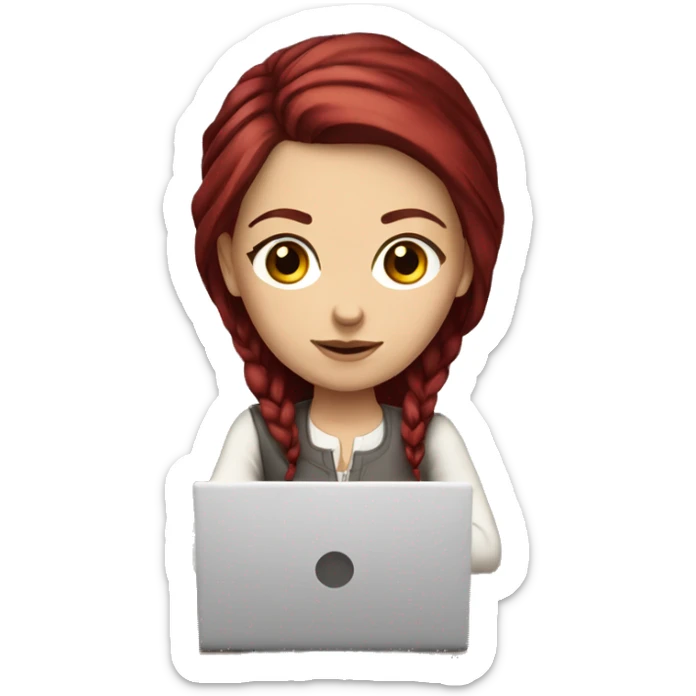 Slavic white girl with burgundy hair and brown eyes with laptop on the table  sticker