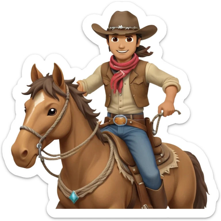 clash-of-clans-aesthetic_-cinematic-playful-cowboy-portrait-emoji, head-tilted with a roguish, cheeky grin and twinkling eyes, featuring a rugged, spirited build with a wide-brimmed cowboy hat and a weathered bandana on tan skin, riding a powerful galloping horse with dynamic flowing mane, reins gripped firmly in one hand and a lasso in the other, as dust swirls behind them in a vast desert landscape. sticker