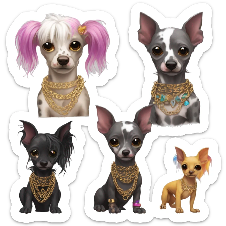 Punk Chinese crested dog rainbow gecko markings piercings gold chain tattoos sticker