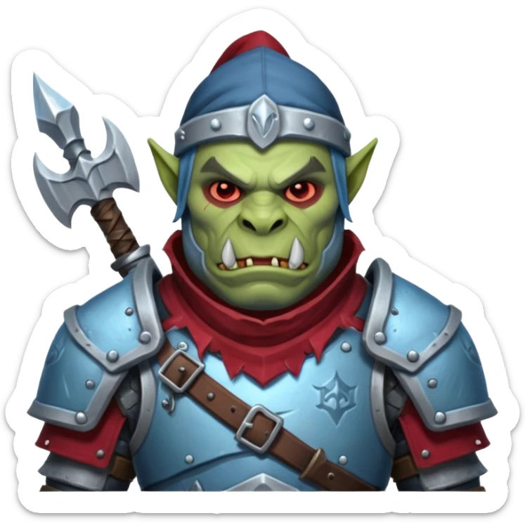 
Fantasy Christmas orc legion soldier icon, iron tundra army theme, heavy winter armor, disciplined brutal look, icy blue steel armor with deep crimson accents, frozen metal texture, cold winter atmosphere, male variant sticker