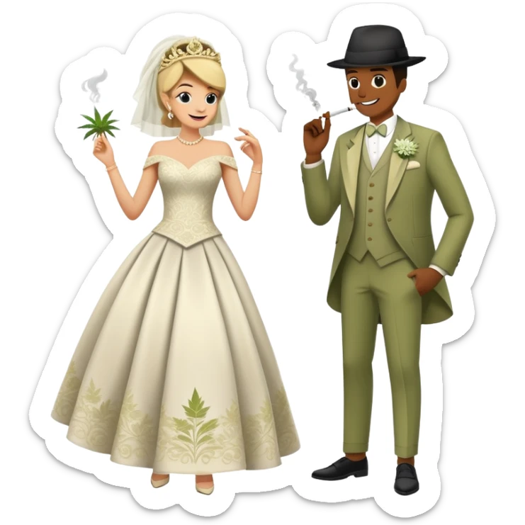 Full body view of person in fancy clothes sneaking into a wedding ceremony with a mischievous grin, uninvited guest, smoking cannabis sticker