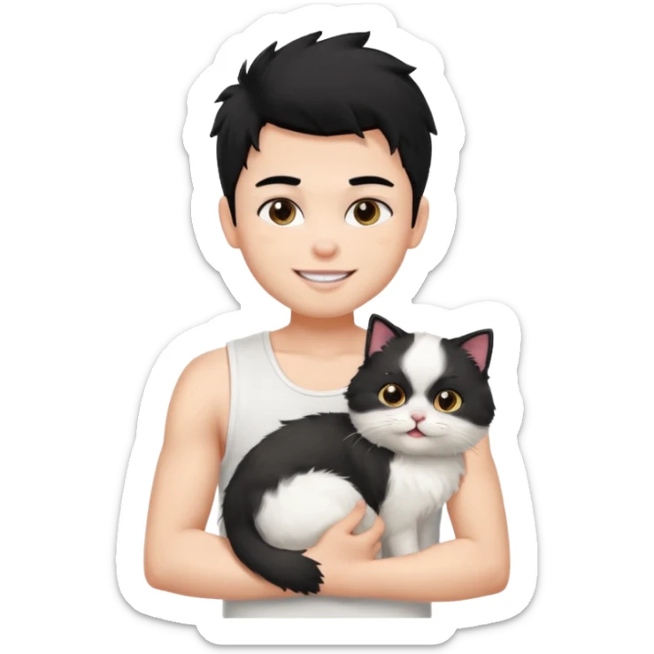a pretty bratz boy with black hair and white sleeveless tank with a white persian cat smiling sticker