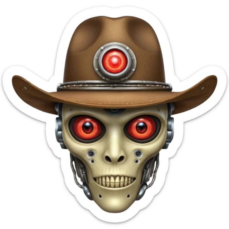 Close-up portrait of a biomechanical alien cowboy, half organic half robotic face, metallic textures blending with alien skin, glowing red eye, futuristic cowboy hat, moody lighting, ultra realistic detail, cyber-western style
 sticker