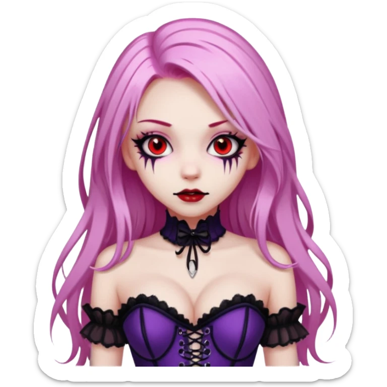 pretty scary girl, long straight LIGHT pink HAIR,SCARY RED eyes, black eyeliner, pale skin, purple corset clothes with laces sticker