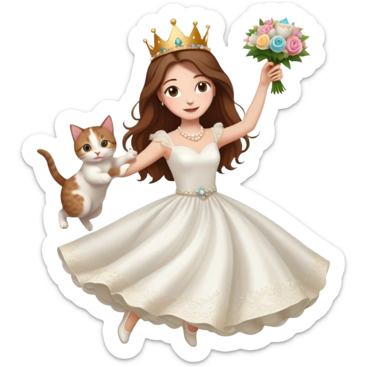 White woman - long hair - white wedding dress - holding a kitten - happy - jumping - stylish - elegant - bouquet - dreamy - colorful - wearing a crown - pearl accessories sticker