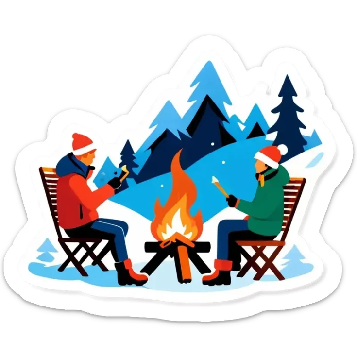Drei Personen, Lagerfeuer in schneebedeckten Wald mit Nordlichtern am Himmel sticker
