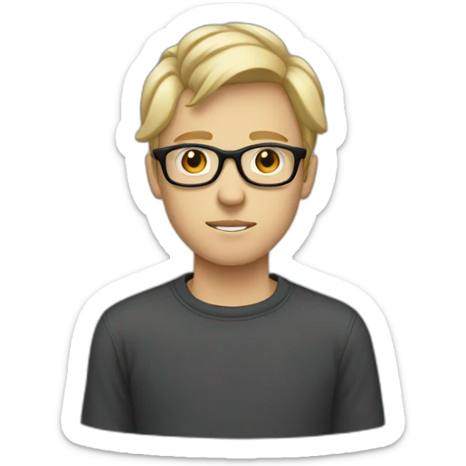 thin white teenager with blond hair.  He is cross-eyed and wears black glasses.  he has a triangular shaped head.  he's also wearing a gray sweater sticker