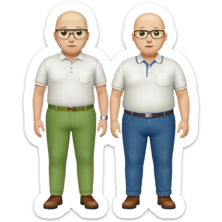 two guys, the first guy is white bald have glases a white dressshirt with rolled up sleeves and green pants he is over weight, The second guy has a yellow skin tone white golf shirt blue jeans and bald they should stand next to eachother sticker