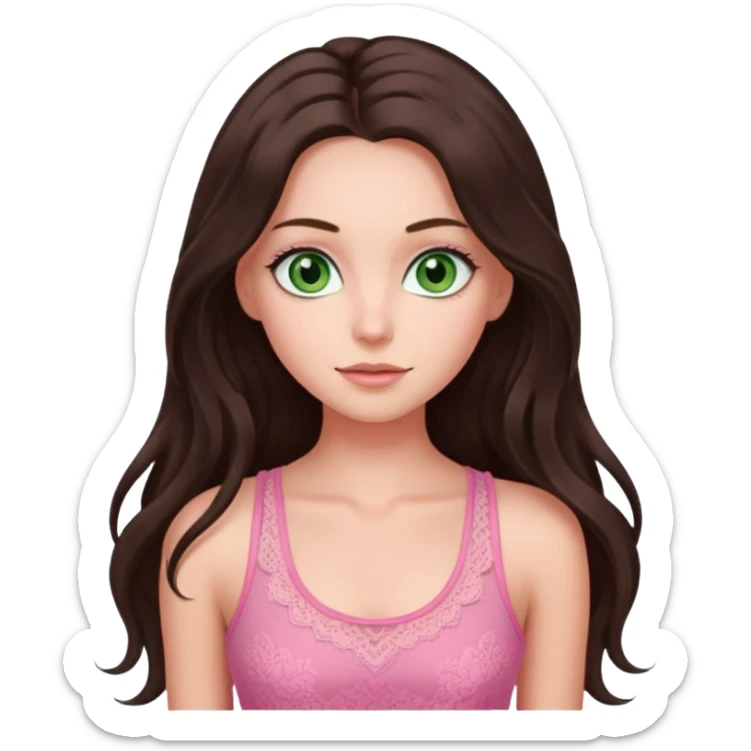 super long haired brunette with middle part cute pink lacy tank white but tan green eyes hairflup sticker