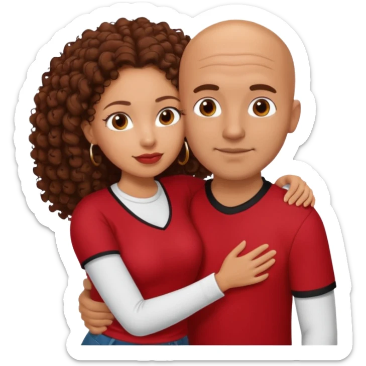 A picture of a tanned couple embracing. the guy is Mexican, with a bald hair cut and he is wearing a red shirt. the girl is mixed, the girl is wearing a black shirt, the girl has brown curly big hair and with big boobs  sticker