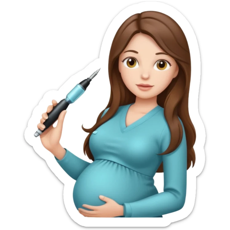 
"Pregnant woman with long brown hair and fair skin wearing a cosmetologist uniform."


 sticker