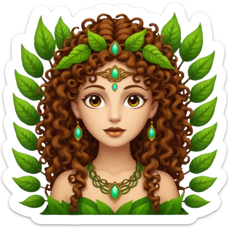 Psychedelic goddess of the forest with brown eyes , brown curly hair sticker