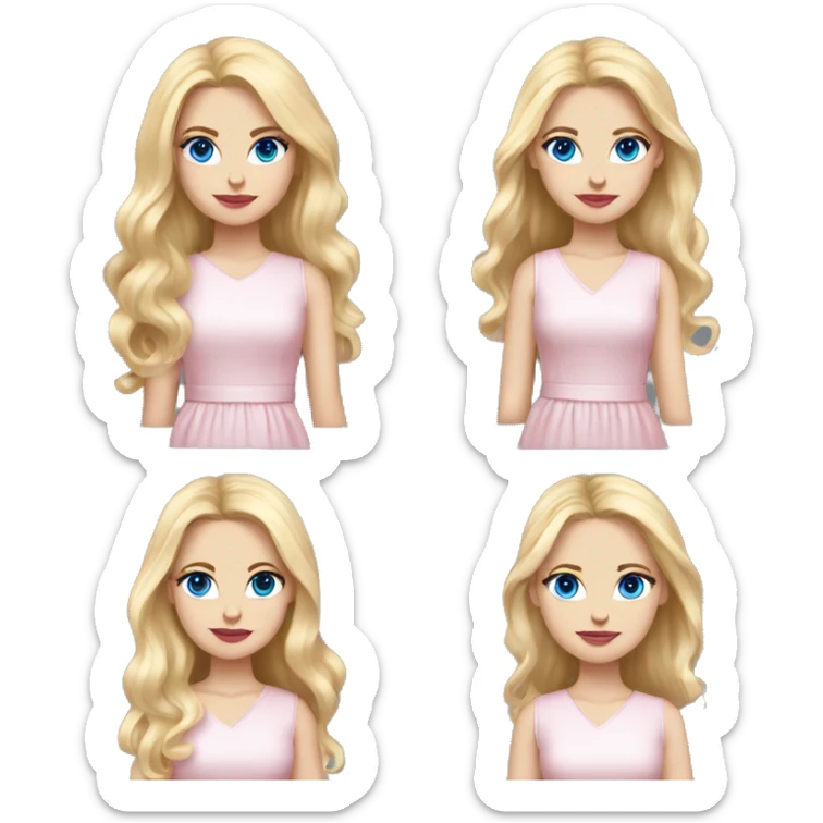 white girl, long long blonde hair, pink book in hand, white dress, blue eyes, pink lips sticker