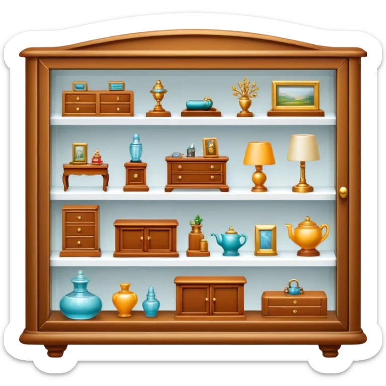 Icon for Miniature Collecting: a collection of finely detailed miniature items such as tiny figurines, furniture, and accessories, neatly displayed on a shelf or in a display case. The icon should convey the intricacy and charm of collecting miniature objects. Transparent background. sticker