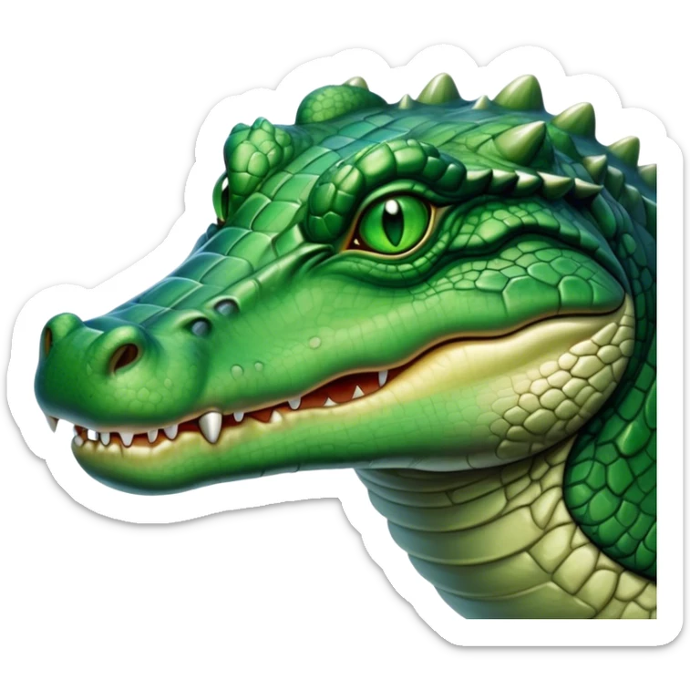 Cinematic Noble Crocodile Portrait Emoji, Poised and regal, with a powerful, elongated build and a rugged, scaly emerald-green hide, piercing cold eyes, Simplified yet sharp and sophisticated features, highly detailed, glowing with a soft, dignified glow, high shine, intelligent and formidable, stylized with an air of ancient might, focused and attentive, soft glowing outline, capturing the essence of a watchful and commanding reptile, so majestic it feels as though it could silently slide out of the screen with effortless authority! sticker