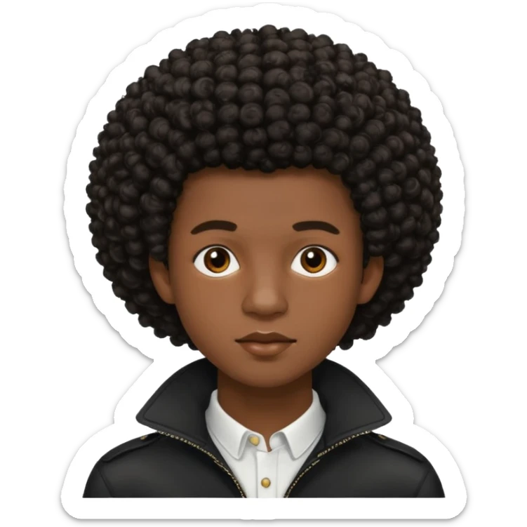 Une homme de 17 ans il a la peau noir foncé , des lèvres pulpeuses  . Il a un taper bouclé afro mais que au dessus car les cheveux ont un taper et des contours  sticker