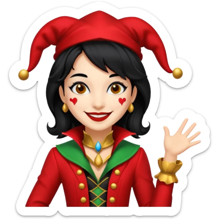 Jester girl, black and red suit, black hair, harley quinn sticker