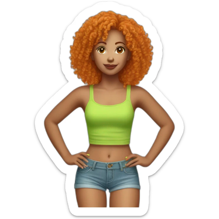 Woman with very short orange curly hair wearing a lime green tube top and very short jean shorts sticker