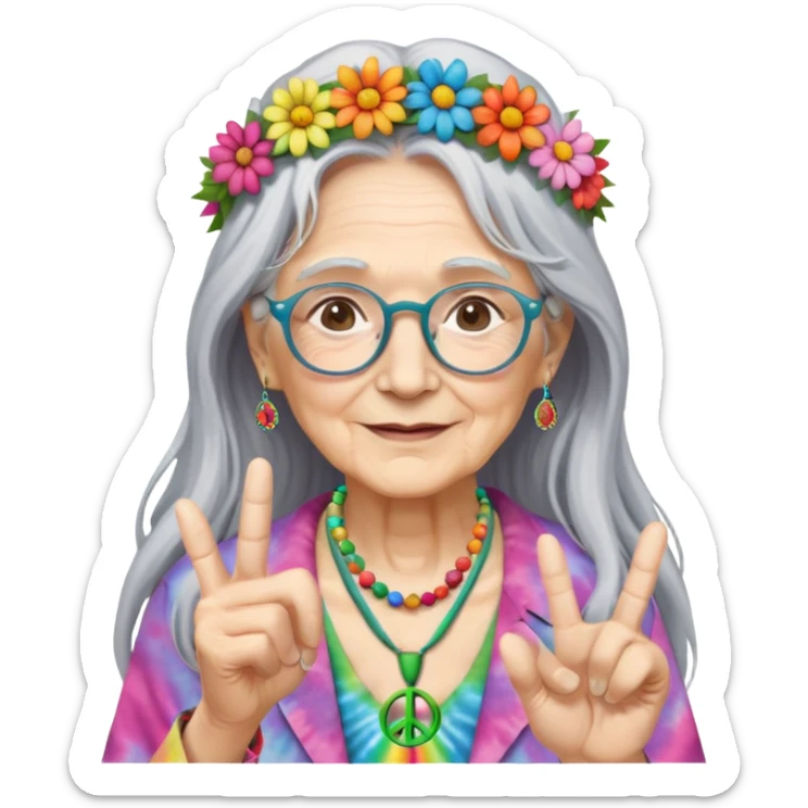 elderly woman with long grey hair, glasses, peace sign necklace, tie-dye clothing, flower crown sticker