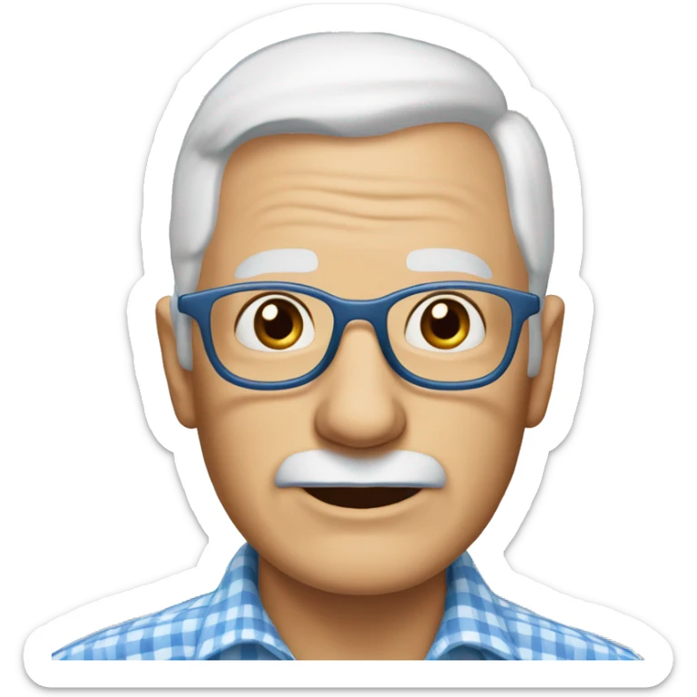 80-year-old grandfather with white skin color, blue eyes and glasses to see, wearing a white and blue checkered shirt. With white hair on the sides of his head. No hair in the middle of the head. sticker