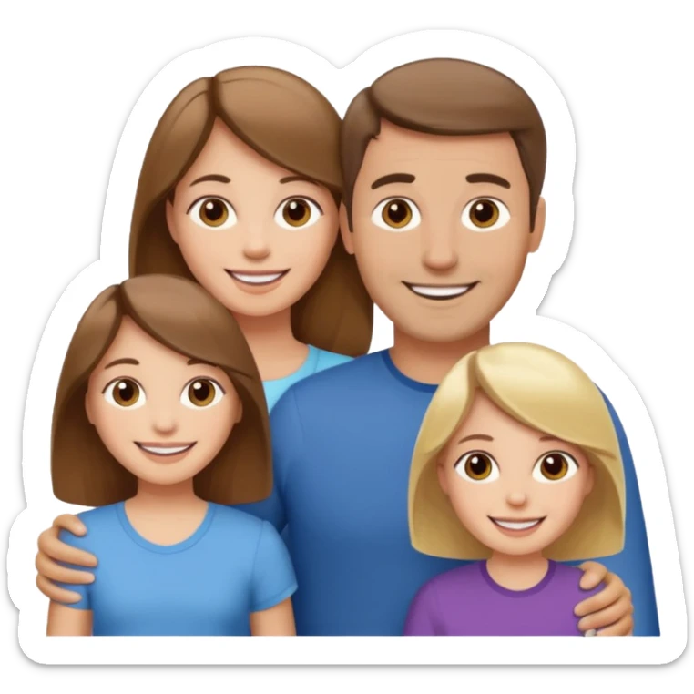 happy white family with one brown hair dad, one brown hair mom, one blonde girl, and one brown hair girl sticker