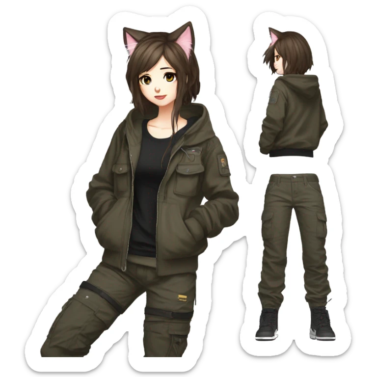 Edgy cool shy beautiful pretty anime punk tomboy with cat ears techwear cargo pants hoodie brown hair sticker