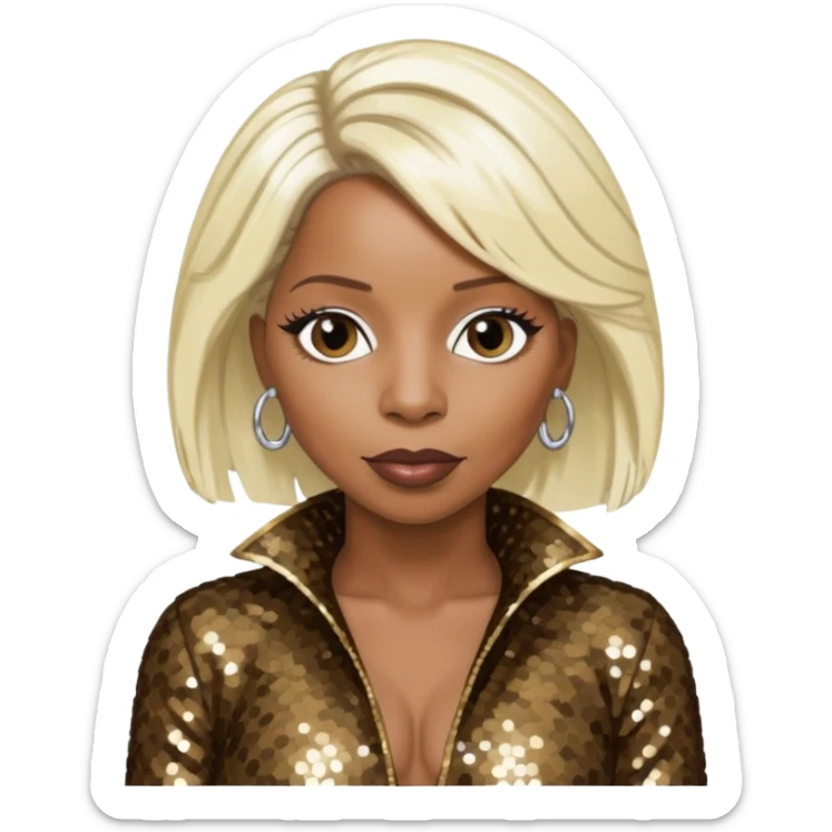 Mary J Blige with platinum blonde hair, dark brown sequin outfit sticker