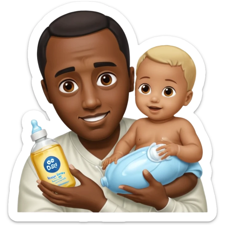 Sean “Diddy” Combs with baby oil and a very small infant and he’s pouring the baby oil on the baby and they have a scared face they’re really scared while diddy is happy sticker
