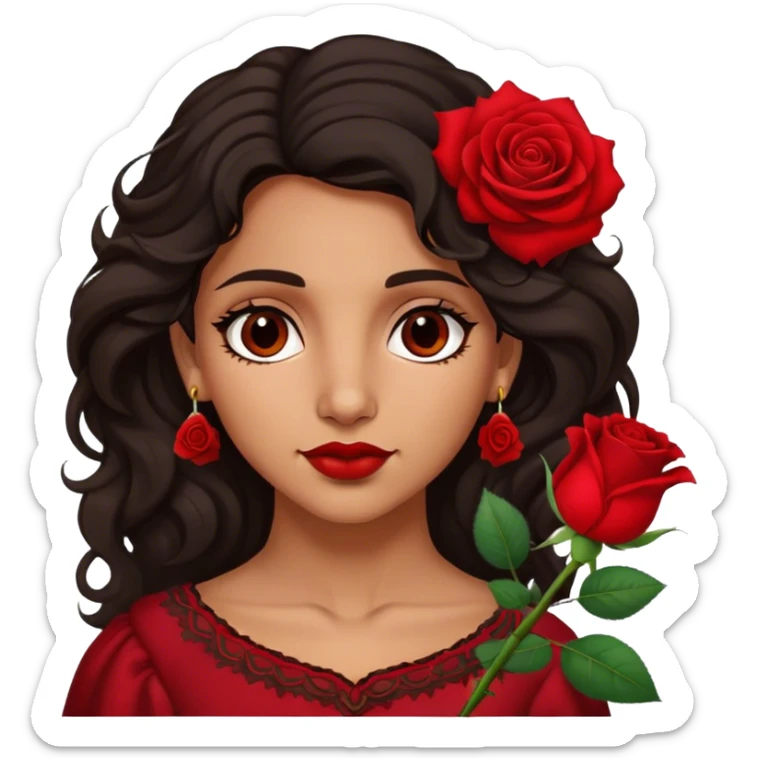 A Romani woman with dark wavy hair, a single red rose tucked behind one ear sticker