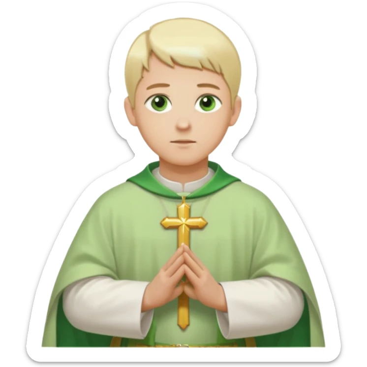 a priest, green eyes, blonde hair, light green chasuble (A wide, flowing, bell-shaped outer robe, without any religious symbols). opening arms, gazing thoughtfully. Soft light, subtle fern. Waist-up, profile. sticker