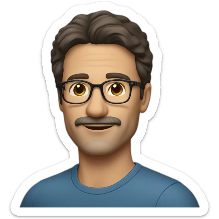 Handsome 50 year old man with dark brown hair, stubble and brown glasses. No moustache sticker